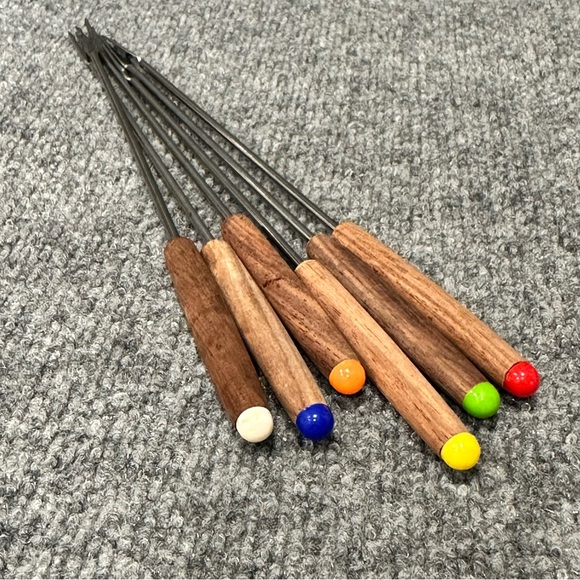 Vintage set fondue forks wood handles colorful tips mid century - Picture 1 of 4